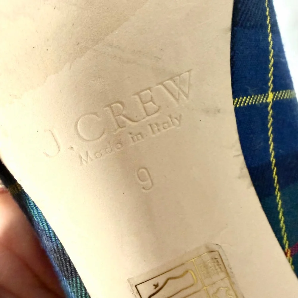 J.Crew Pointed Toe Plaid Embellished Heels Size 9 Blue Green